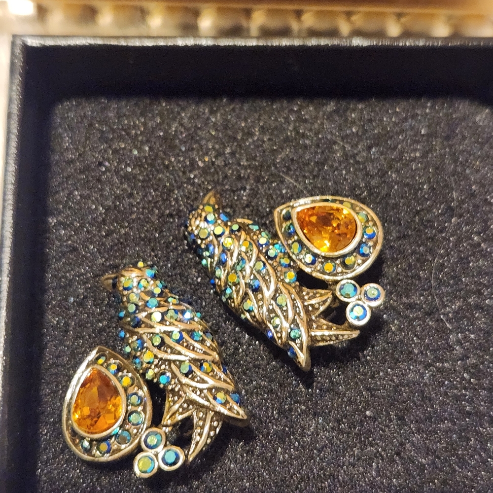 Heidi Daus Luxury Gold and Blue Crystal Bird Design Earrings NWT